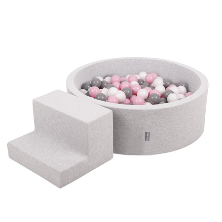 KiddyMoon Aire De Jeux en Mousse avec Rond Piscine à Balles pour Enfants, gris clair: blanc/gris/rose poudré, Piscine (200 Balles)+ Marches