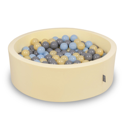 KiddyMoon Piscine À Balles ∅ 7Cm pour Bébé Rond Fabriqué en UE, beurré: bleu pastel/jaune pastel/gris, 90x30cm/300 Balles