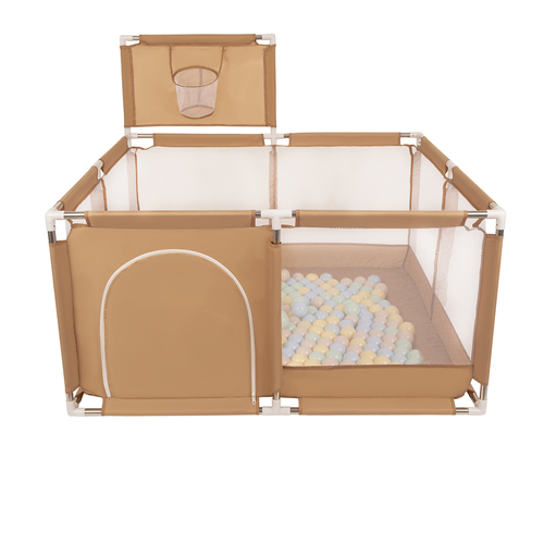 parc bébé avec balles plastiques aire de jeu pliable basket, beige : beige pastel/bleu pastel/jaune pastel/menthe, 200 balles