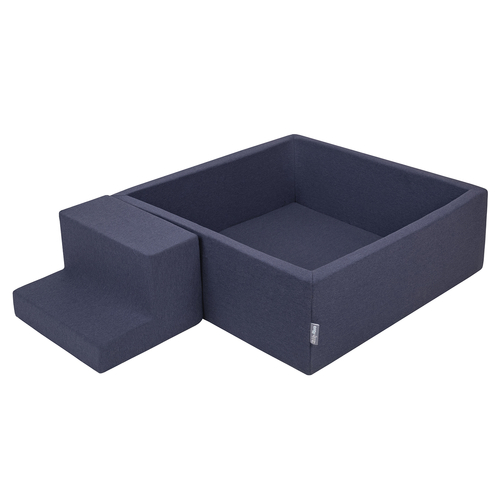 KiddyMoon Aire De Jeux en Mousse avec Carré Piscine À Balles pour Enfants, bleu foncé:vertClr/orange/turq/bleu/babybl/jaune, Piscine (200 Balles)+ Marches