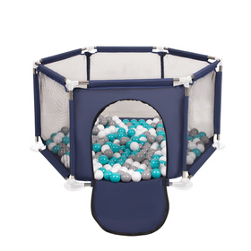 parc bébé hexagonal pliable avec balles plastiques, Bleu:girs/blanc/turquoise, 100 balles