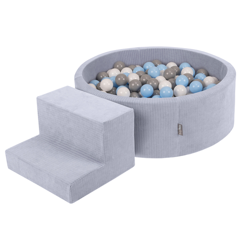 KiddyMoon Parcours Motricité En Mousse Avec Balles Enfants Favorise Créativité, Gris foncé : gris/blanc/babyblue, Piscine (100 Balles) + Marches