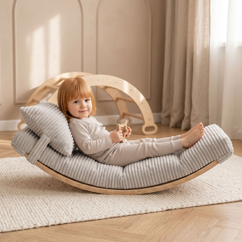 KiddyMoon Planche D'équilibre en Bois Enfant Avec Matelas et Oreiller Balance Board, naturel/gris clair, Planche D'équilibre/Matelas/Oreiller