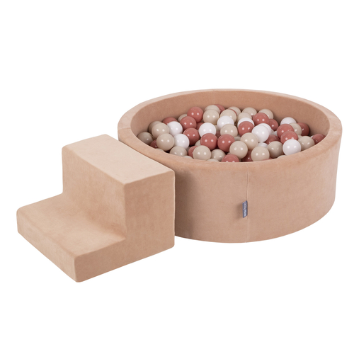KiddyMoon Aire Velvet De Jeux en Mousse avec Rond Piscine à Balles pour Enfants, rose des sables: beige pastel/saumon/blanc, Piscine (200 Balles)+ Marches