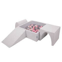 KiddyMoon Aire De Jeux en Mousse avec Carré Piscine À Balles pour Enfants, gris clair: perle/gris/transparent/rose poudré, Piscine (300 Balles) + Version 2