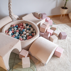 KiddyMoon Velours Piscine à Balles ∅7Cm pour Bébé Rond Fabriqué en EU, beige sableux: turquoise foncé/beige pastel/vert de gris/saumon, 90x30cm/200 Balles