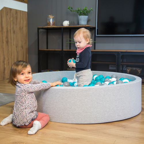 KiddyMoon Piscine à Balles ∅ 7Cm pour Bébé Rond Fabriqué En UE, gris clair:gris/blanc/turquoise, 90x30cm/200 balles
