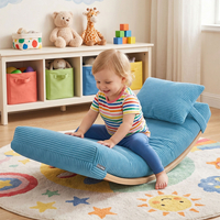 KiddyMoon Planche D'équilibre en Bois Enfant Avec Matelas et Oreiller Balance Board, naturel/bleu,