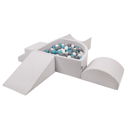 KiddyMoon Aire De Jeux en Mousse avec Quart Angulaire Piscine À Balles pour Bébé, gris clair: gris/blanc/turquoise, Piscine (200 Balles) + Version 5