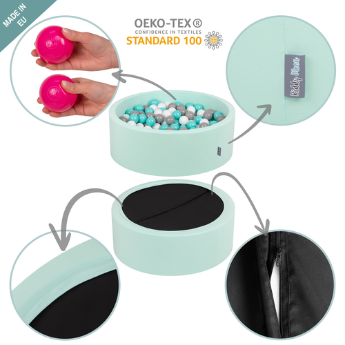 KiddyMoon Velours Piscine à Balles ∅7Cm pour Bébé Rond Fabriqué en EU, vert forêt: turquoise foncé/gris de vert/bleu pastel/blanc, 90x30cm/300 balles