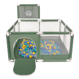 parc bébé avec balles plastiques aire de jeu pliable basket, vert : turquoise/bleu/jaune/transparent, 200 balles