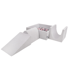 KiddyMoon Aire De Jeux en Mousse avec Carré Piscine À Balles pour Enfants, gris clair: perle/gris/transparent/rose poudré, Piscine (300 Balles) + Version 2
