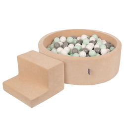 KiddyMoon Aire Velvet De Jeux en Mousse avec Rond Piscine à Balles pour Enfants, beige sableux: blanc/gris/menthe, Piscine (100 Balles) + Marches