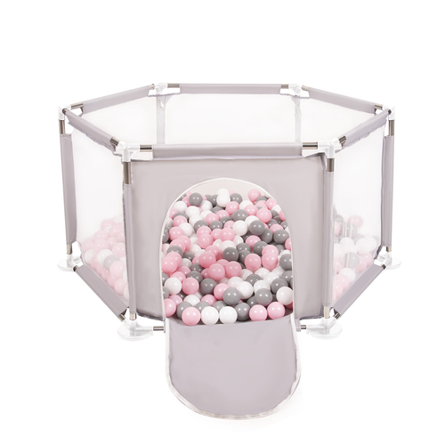 parc bébé hexagonal pliable avec balles plastiques, Gris:blanc/gris/rose poudré, 400 balles