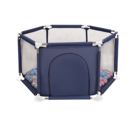 parc bébé hexagonal pliable avec balles plastiques, Bleu:babyblue/rose poudré/perle, 200 balles