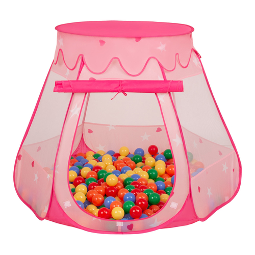 Tente Château Pour Enfants Tente de Jeu Avec Balles Colorées Jouet Cabane Pop-up Château Facile À Monter Maison de Jeu Pour Intérieur et Extérieur, rose: jaune-vert-bleu-rouge-orange, 105x90cm/300 balles