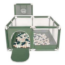 parc bébé avec balles plastiques aire de jeu pliable basket, vert : turquoise foncé/beige pastel/blanc/menthe, 400 balles