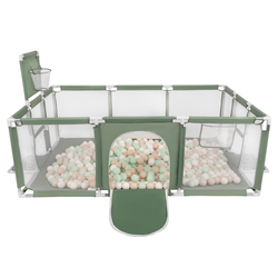 Parc Bébé avec Balles Plastiques Aire De Jeu Pliable Basket Football, vert : beige pastel/blanc/menthe, 200 balles