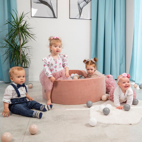 KiddyMoon Velours Piscine à Balles ∅7Cm pour Bébé Rond Fabriqué en EU, rose des sables: beige pastel/blanc/perle, 90x30cm/300 balles