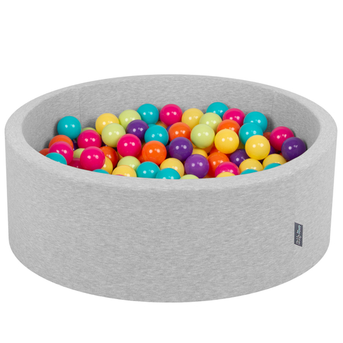 KiddyMoon Piscine à Balles ∅ 7Cm pour Bébé Rond Fabriqué En UE, gris cl.:vert cl/jaune/turq/orange/r.foncé/violet, 90x30cm/300 balles