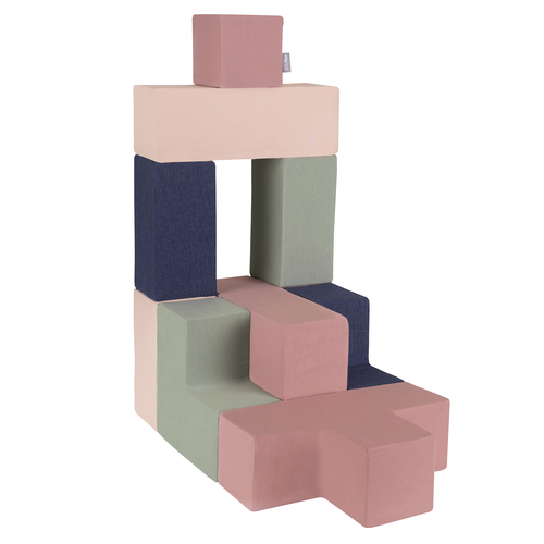 KiddyMoon blocs mous pour bébé cubes de construction en mousse, mix: bruyère/bleu foncé/beige/sage, 9 Pieces