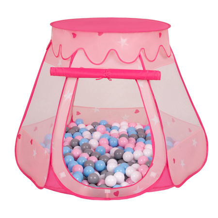 Tente Château Pour Enfants Tente de Jeu Avec Balles Colorées Jouet Cabane Pop-up Château Facile À Monter Maison de Jeu Pour Intérieur et Extérieur, rose:menthe:blanc/gris/babyblue/rose poudré, 105x90cm/100 balles