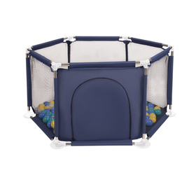 parc bébé hexagonal pliable avec balles plastiques, Bleu:turquoise/bleu/jaune/transparent, 200 balles