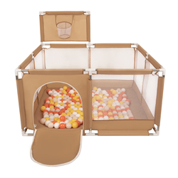 parc bébé avec balles plastiques aire de jeu pliable basket, beige : jaune/orange/beige pastel/blanc, 400 balles