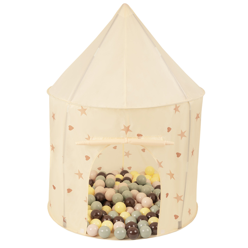 Tente de Jeu Pour Enfants Château Maison de Jeu En Forme De Pavillon De Jeu Avec Balles Pliable Tente Pop-Up Enfant Motifs D'Étoiles Et De Cœurs, beige clair: beige pastel/vert de gris/jaune pastel/brun, 100 balles