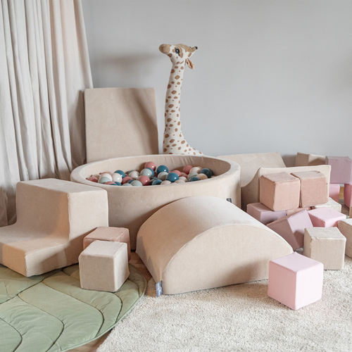 KiddyMoon Aire Velvet De Jeux en Mousse avec Rond Piscine à Balles pour Enfants, beige sableux: turquoise foncé/beige pastel/vert-gris/saumon, Piscine (200 Balles) + Version 3