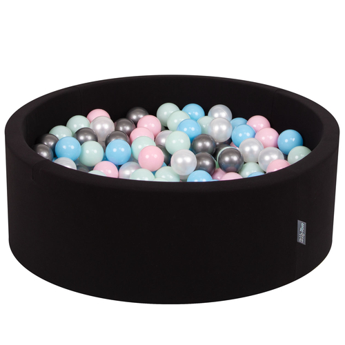 KiddyMoon Piscine à Balles ∅ 7Cm pour Bébé Rond Fabriqué En UE, noir: perle/rose poudré/babyblue/menthe/argenté, 90x30cm/300 balles