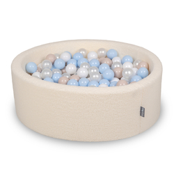 KiddyMoon Piscine à Balles Boules 7 cm pour un Remplissage plus Généreux Pour Bébés au Housse Teddy, Convient dès 8 Mois, Crème: Beige Pastel/Bleu Pastel/Blanc/Perle, 90x30cm/300 Balles