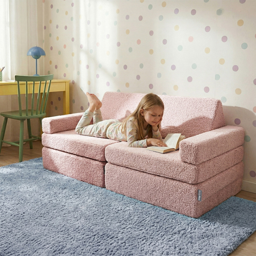KiddyMoon Canapé Enfant en Mousse et Housse Teddy, Modulaire et Pliable, avec 2 Coussins, pour Jouer, Lire et se Détendre, rose, Canapés avec 2 Oreillers