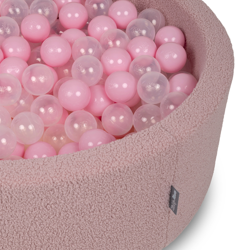 KiddyMoon Piscine à Balles Boules 7 cm pour un Remplissage plus Généreux Pour Bébés au Housse Teddy, Convient dès 8 Mois, Rose: Rose Poudré/Transparent, 90x30cm/300 Balles