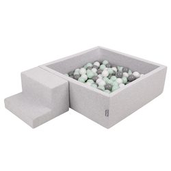 KiddyMoon Aire De Jeux en Mousse avec Carré Piscine À Balles pour Enfants, gris clair: blanc/gris/menthe, Piscine (100 Balles) + Marches