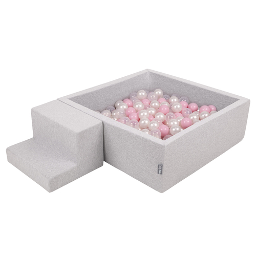 KiddyMoon Aire De Jeux en Mousse avec Carré Piscine À Balles pour Enfants, gris clair: rose poudré/perle/transparent, Piscine (100 Balles) + Marches