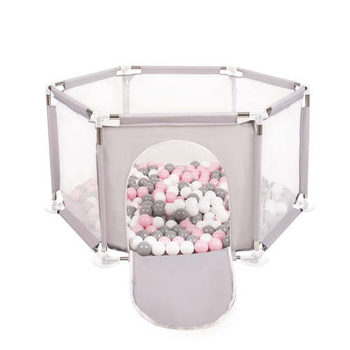 parc bébé hexagonal pliable avec balles plastiques, Gris:blanc/gris/rose poudré, 100 balles