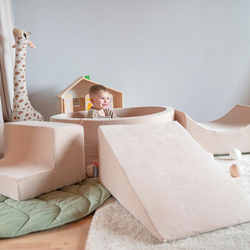 KiddyMoon Aire Velvet De Jeux en Mousse avec Rond Piscine à Balles pour Enfants, beige sableux: turquoise foncé/beige pastel/vert-gris/saumon