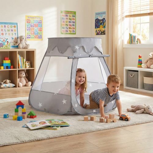 Tente Château Pour Enfants Tente de Jeu Avec Balles Colorées Jouet Cabane Pop-up Château Facile À Monter Maison de Jeu Pour Intérieur et Extérieur, gris, 105x90