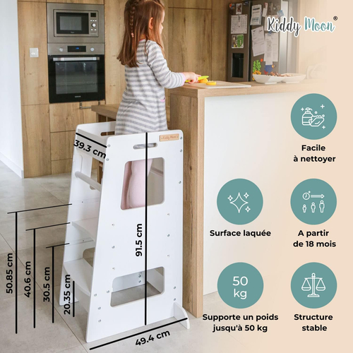 KiddyMoon Tour D'Apprentissage/D'Observation Montessori pour Enfant en Bois 3 Hauteurs Réglables Pieds Anti-Bascule, Blanc, 91,5x39,3x49,4