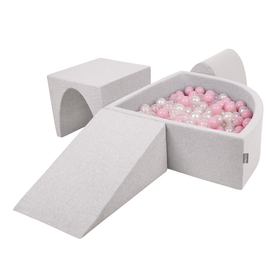 KiddyMoon Aire De Jeux en Mousse avec Quart Angulaire Piscine À Balles pour Bébé, gris clair: rose poudré/perle/transparent, Piscine (200 Balles) + Version 2