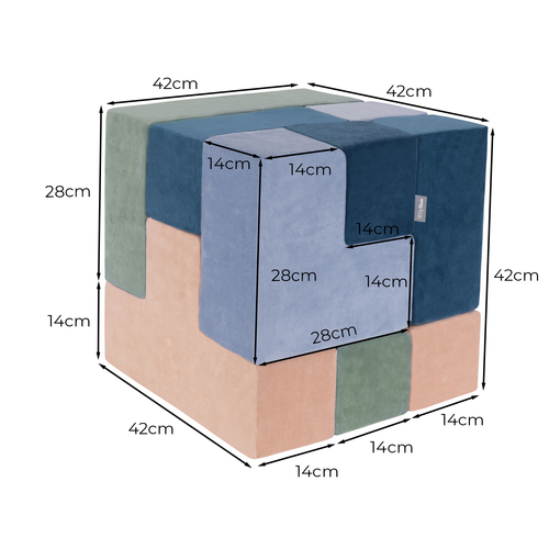 KiddyMoon blocs mous pour bébé cubes de construction en mousse housse velours, bleu lagune/vert forêt/rose de sables/bleu glacier , 9 Pieces