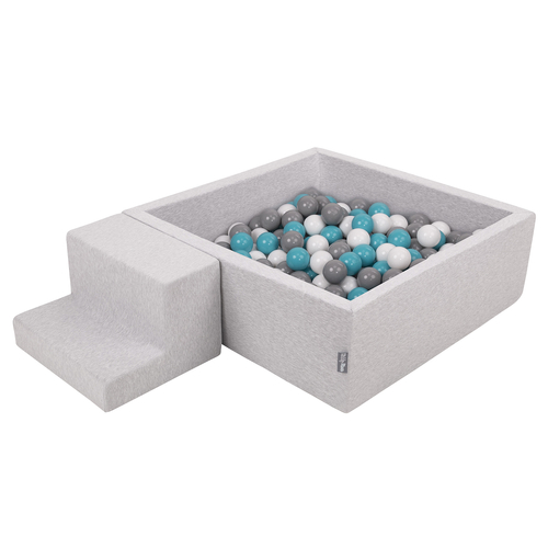 KiddyMoon Aire De Jeux en Mousse avec Carré Piscine À Balles pour Enfants, gris clair: gris/blanc/turquoise, Piscine (200 Balles)+ Marches