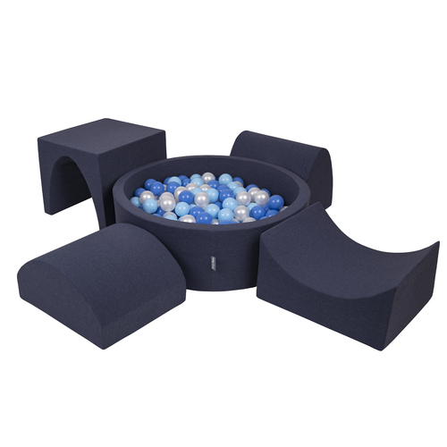 KiddyMoon Aire De Jeux en Mousse avec Rond Piscine à Balles pour Enfants, bleu foncé:babyblue/bleu/perle, Piscine (200 Balles) + Version 1