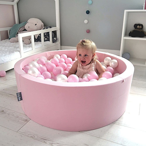 KiddyMoon Piscine à Balles ∅ 7Cm pour Bébé Rond Fabriqué En UE, bubble-gum: rose poudré/babyblue, 90x30cm/300 Balles
