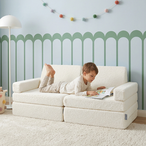 KiddyMoon Canapé Enfant en Mousse et Housse Teddy, Modulaire et Pliable, pour Jouer, Lire et se Détendre, crème, Canapés