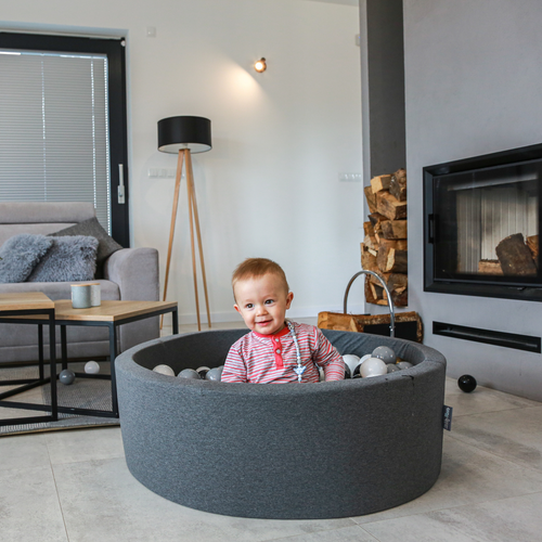 KiddyMoon Piscine à Balles ∅ 7Cm pour Bébé Rond Fabriqué En UE, gris foncé:noir/perle/or/gris, 90x30cm/200 balles