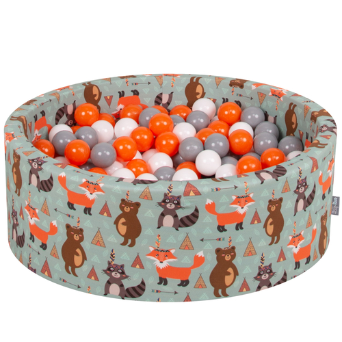 KiddyMoon Piscine à Balles ∅ 7Cm pour Bébé Rond Fabriqué En UE, renard-vert:orange/gris/blanc, 90x30cm/300 balles