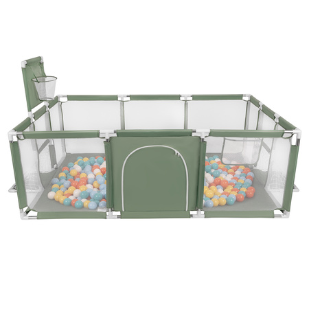 Parc Bébé avec Balles Plastiques Aire De Jeu Pliable Basket Football, vert : blanc/jaune/orange/babyblue/turquoise, 100 balles