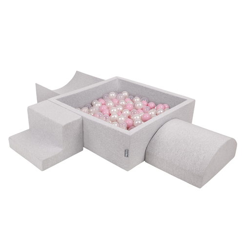 KiddyMoon Aire De Jeux en Mousse avec Carré Piscine À Balles pour Enfants, gris clair: rose poudré/perle/transparent, Piscine (300 Balles) + Version 6
